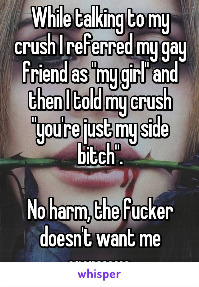 While talking to my crush I referred my gay friend as "my girl" and then I told my crush "you're just my side bitch".

No harm, the fucker doesn't want me anyways.