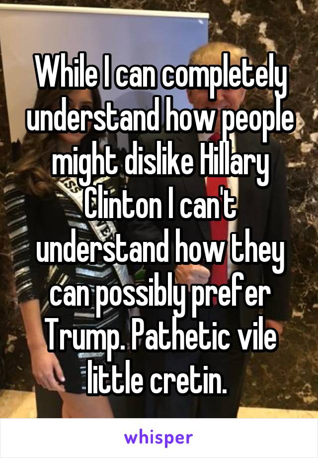 While I can completely understand how people might dislike Hillary Clinton I can't understand how they can possibly prefer Trump. Pathetic vile little cretin. 