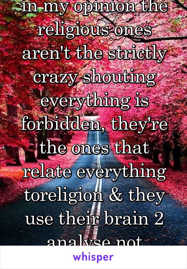 in my opinion the religious ones aren't the strictly crazy shouting everything is forbidden, they're the ones that relate everything toreligion & they use their brain 2 analyse not following preachers