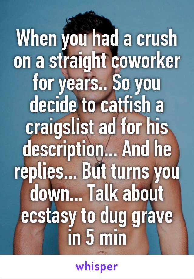 When you had a crush on a straight coworker for years.. So you decide to catfish a craigslist ad for his description... And he replies... But turns you down... Talk about ecstasy to dug grave in 5 min