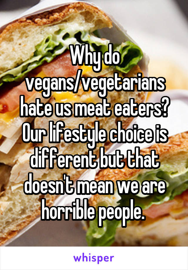 Why do vegans/vegetarians hate us meat eaters? Our lifestyle choice is different but that doesn't mean we are horrible people. 