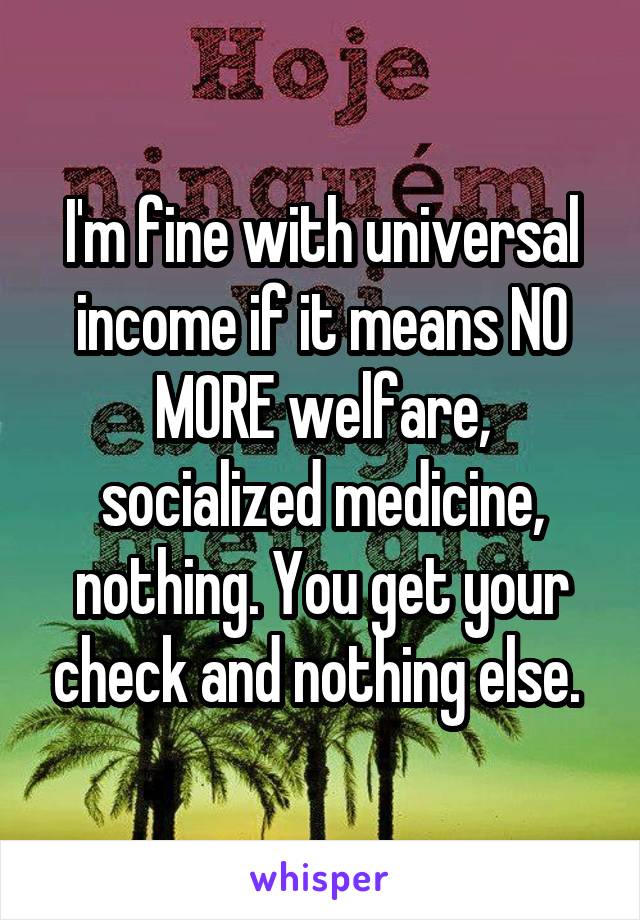 I'm fine with universal income if it means NO MORE welfare, socialized medicine, nothing. You get your check and nothing else. 