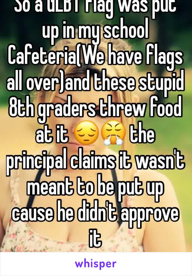 So a GLBT flag was put up in my school Cafeteria(We have flags all over)and these stupid 8th graders threw food at it 😔😤 the principal claims it wasn't meant to be put up cause he didn't approve it