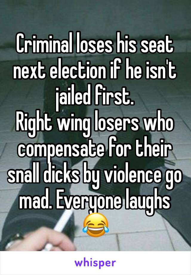 Criminal loses his seat next election if he isn't jailed first.
Right wing losers who compensate for their snall dicks by violence go mad. Everyone laughs 😂