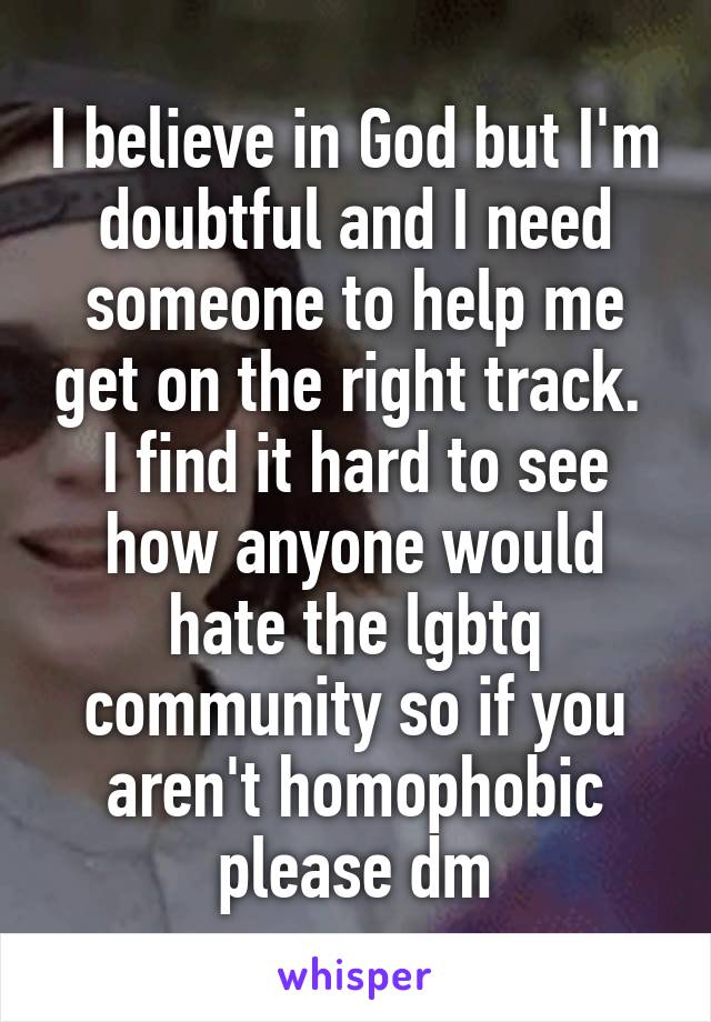 I believe in God but I'm doubtful and I need someone to help me get on the right track.  I find it hard to see how anyone would hate the lgbtq community so if you aren't homophobic please dm