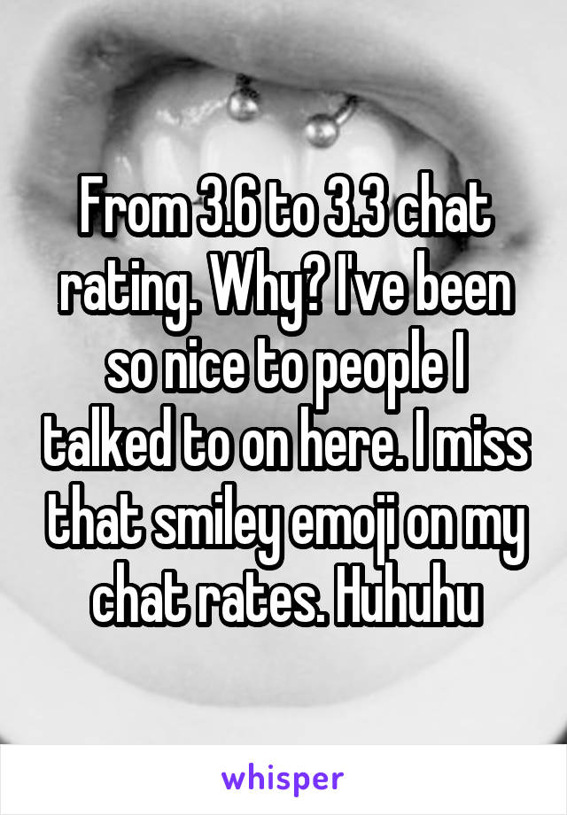 From 3.6 to 3.3 chat rating. Why? I've been so nice to people I talked to on here. I miss that smiley emoji on my chat rates. Huhuhu