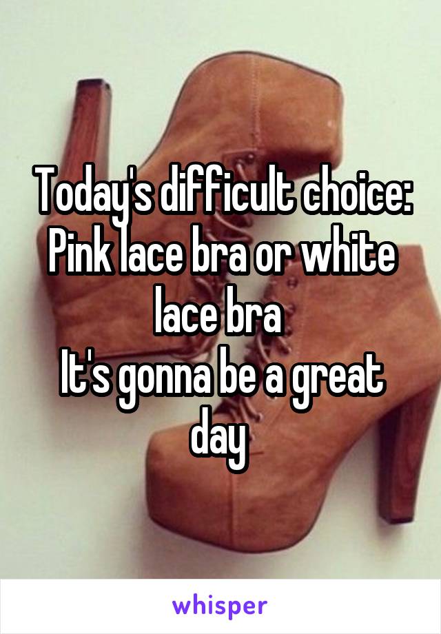 Today's difficult choice:
Pink lace bra or white lace bra 
It's gonna be a great day 