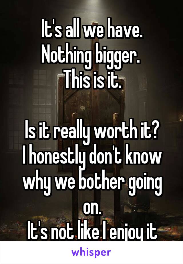 It's all we have.
Nothing bigger. 
This is it.

Is it really worth it?
I honestly don't know why we bother going on.
It's not like I enjoy it