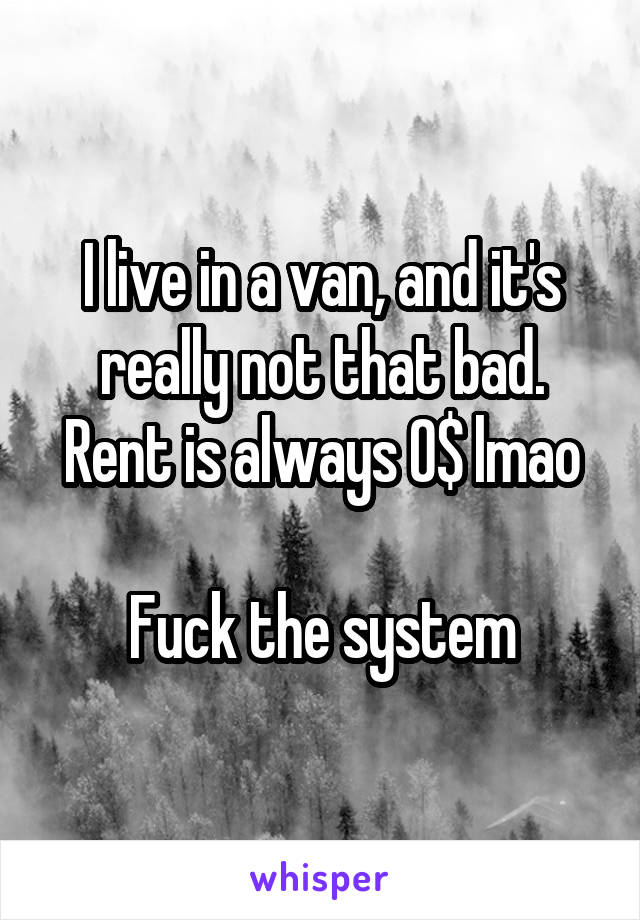 I live in a van, and it's really not that bad. Rent is always 0$ lmao

Fuck the system