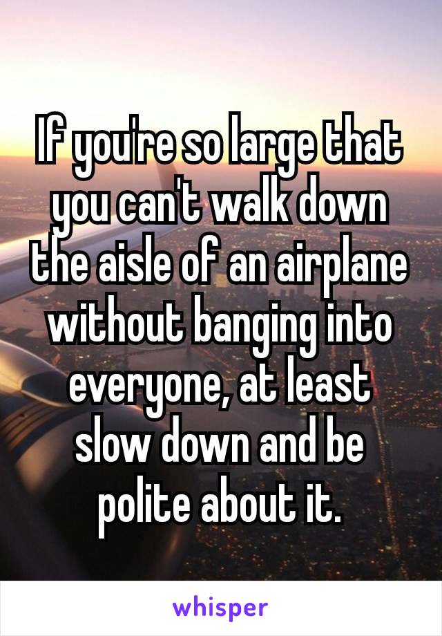 If you're so large that you can't walk down the aisle of an airplane without banging into​ everyone, at least slow down and be polite about it.