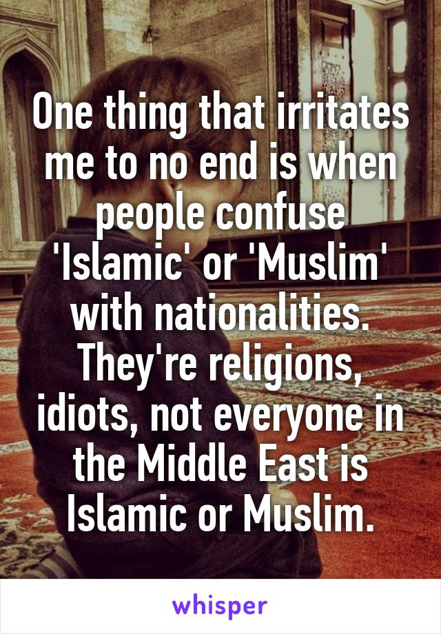 One thing that irritates me to no end is when people confuse 'Islamic' or 'Muslim' with nationalities. They're religions, idiots, not everyone in the Middle East is Islamic or Muslim.