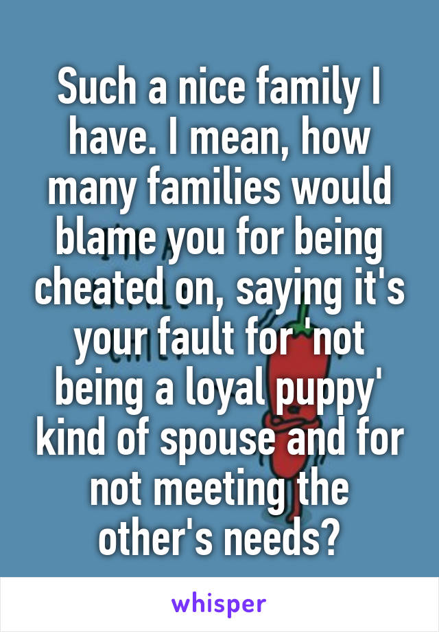 Such a nice family I have. I mean, how many families would blame you for being cheated on, saying it's your fault for 'not being a loyal puppy' kind of spouse and for not meeting the other's needs?