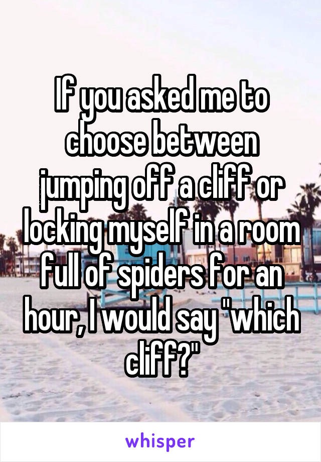 If you asked me to choose between jumping off a cliff or locking myself in a room full of spiders for an hour, I would say "which cliff?"