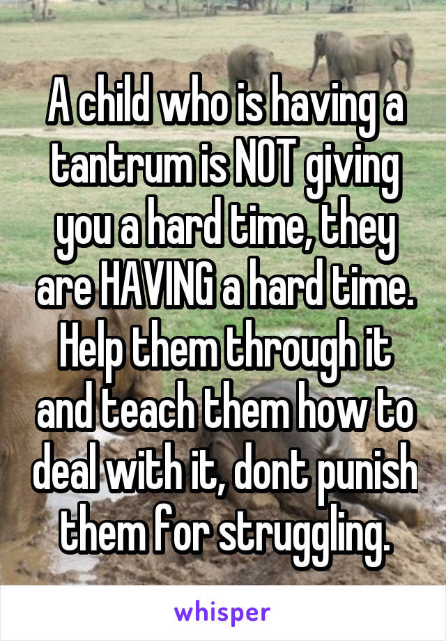 A child who is having a tantrum is NOT giving you a hard time, they are HAVING a hard time. Help them through it and teach them how to deal with it, dont punish them for struggling.