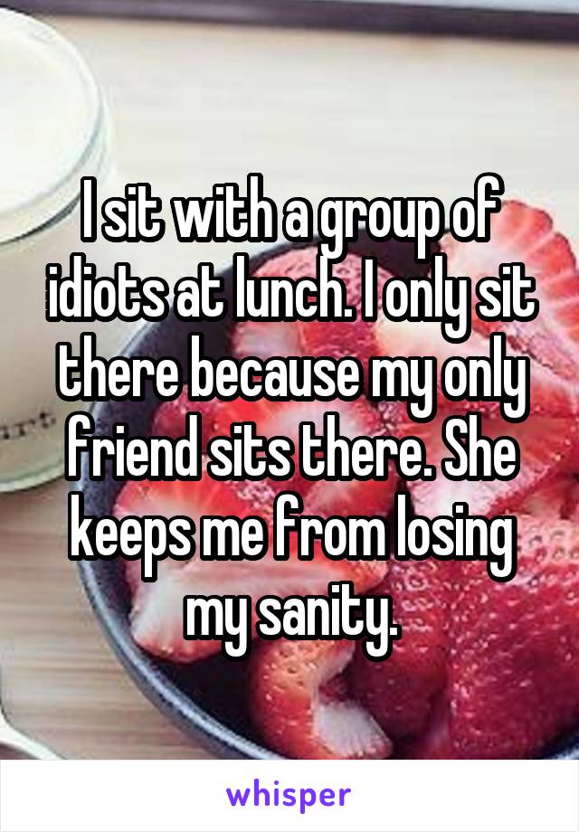 I sit with a group of idiots at lunch. I only sit there because my only friend sits there. She keeps me from losing my sanity.