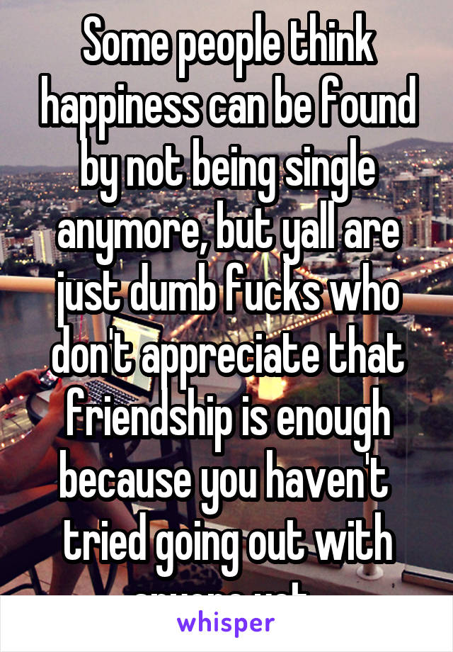 Some people think happiness can be found by not being single anymore, but yall are just dumb fucks who don't appreciate that friendship is enough because you haven't  tried going out with anyone yet..