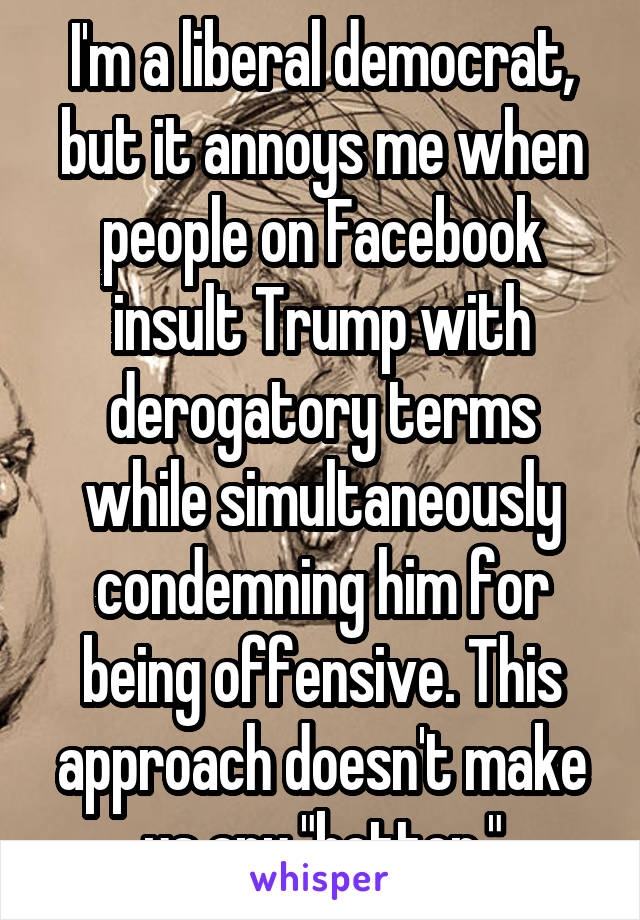 I'm a liberal democrat, but it annoys me when people on Facebook insult Trump with derogatory terms while simultaneously condemning him for being offensive. This approach doesn't make us any "better."