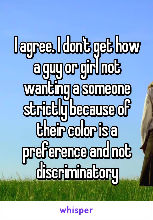 I agree. I don't get how a guy or girl not wanting a someone strictly because of their color is a preference and not discriminatory