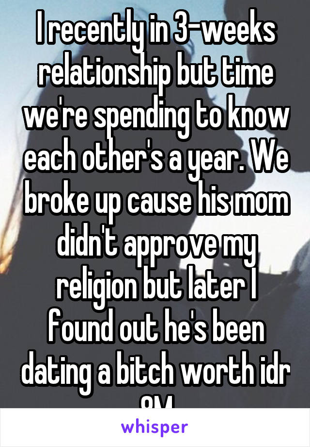 I recently in 3-weeks relationship but time we're spending to know each other's a year. We broke up cause his mom didn't approve my religion but later I found out he's been dating a bitch worth idr 8M