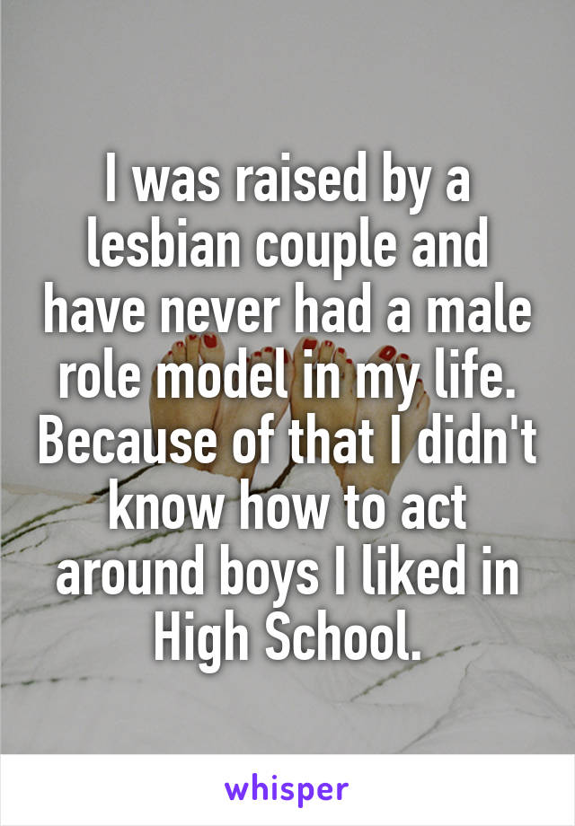 I was raised by a lesbian couple and have never had a male role model in my life. Because of that I didn't know how to act around boys I liked in High School.