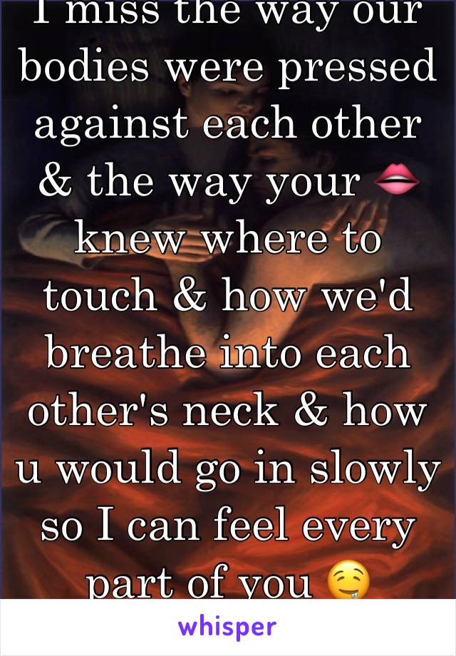 I miss the way our bodies were pressed against each other & the way your 👄 knew where to touch & how we'd breathe into each other's neck & how u would go in slowly so I can feel every part of you 🤤