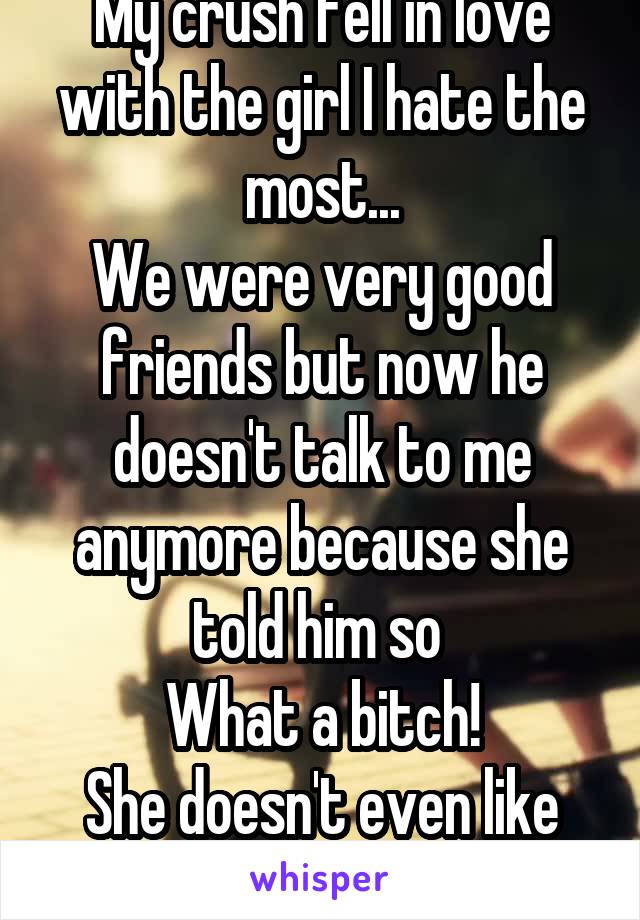 My crush fell in love with the girl I hate the most...
We were very good friends but now he doesn't talk to me anymore because she told him so 
What a bitch!
She doesn't even like him.