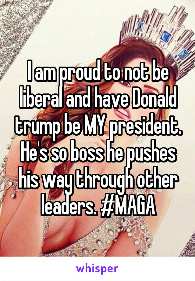 I am proud to not be liberal and have Donald trump be MY president. He's so boss he pushes his way through other leaders. #MAGA