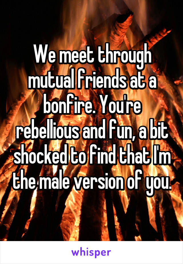 We meet through mutual friends at a bonfire. You're rebellious and fun, a bit shocked to find that I'm the male version of you. 