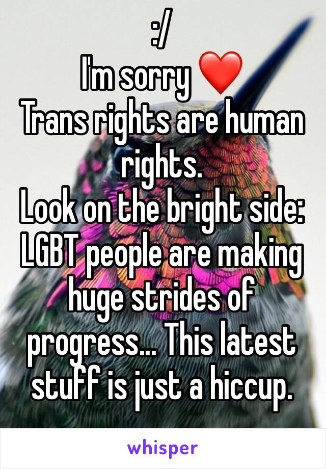 :/
I'm sorry ❤️
Trans rights are human rights.
Look on the bright side: LGBT people are making huge strides of progress... This latest stuff is just a hiccup.
...