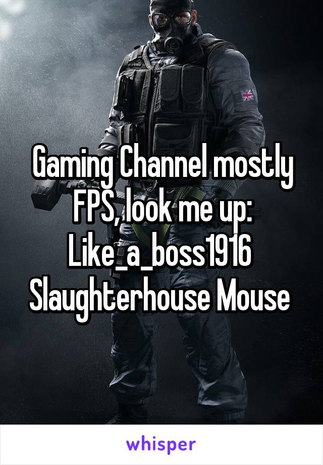 Gaming Channel mostly FPS, look me up:
Like_a_boss1916 
Slaughterhouse Mouse 