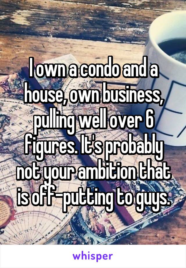 I own a condo and a house, own business, pulling well over 6 figures. It's probably not your ambition that is off-putting to guys.