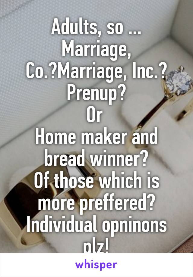 Adults, so ...
Marriage, Co.?Marriage, Inc.?
Prenup?
Or 
Home maker and bread winner?
Of those which is more preffered?
Individual opninons plz!