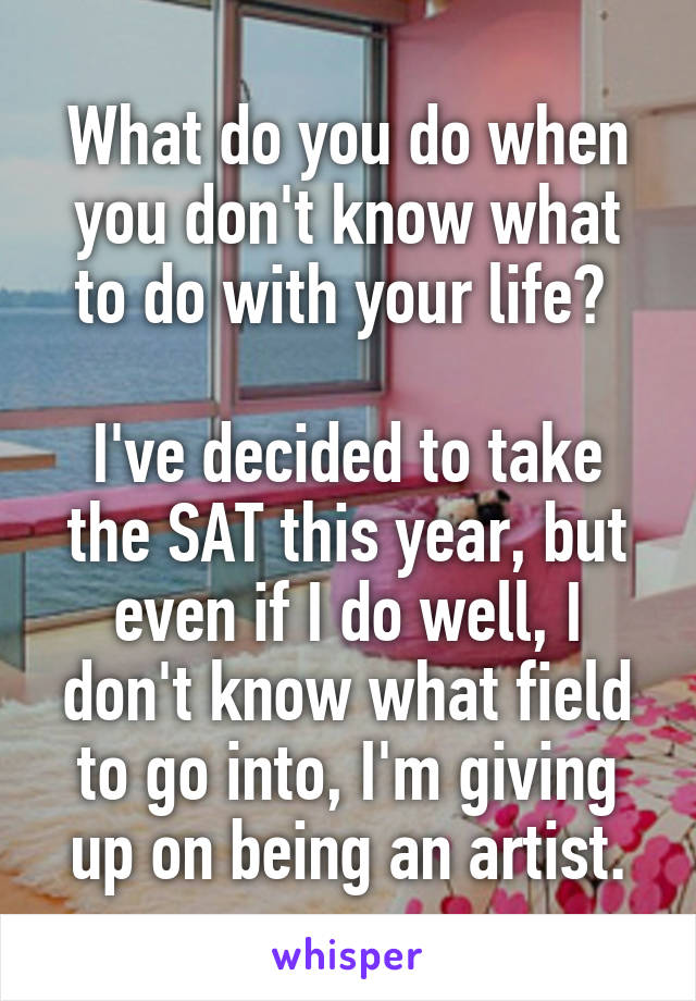 What do you do when you don't know what to do with your life? 

I've decided to take the SAT this year, but even if I do well, I don't know what field to go into, I'm giving up on being an artist.