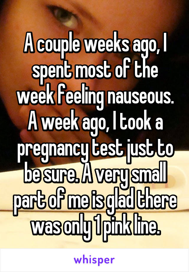 A couple weeks ago, I spent most of the week feeling nauseous. A week ago, I took a pregnancy test just to be sure. A very small part of me is glad there was only 1 pink line.