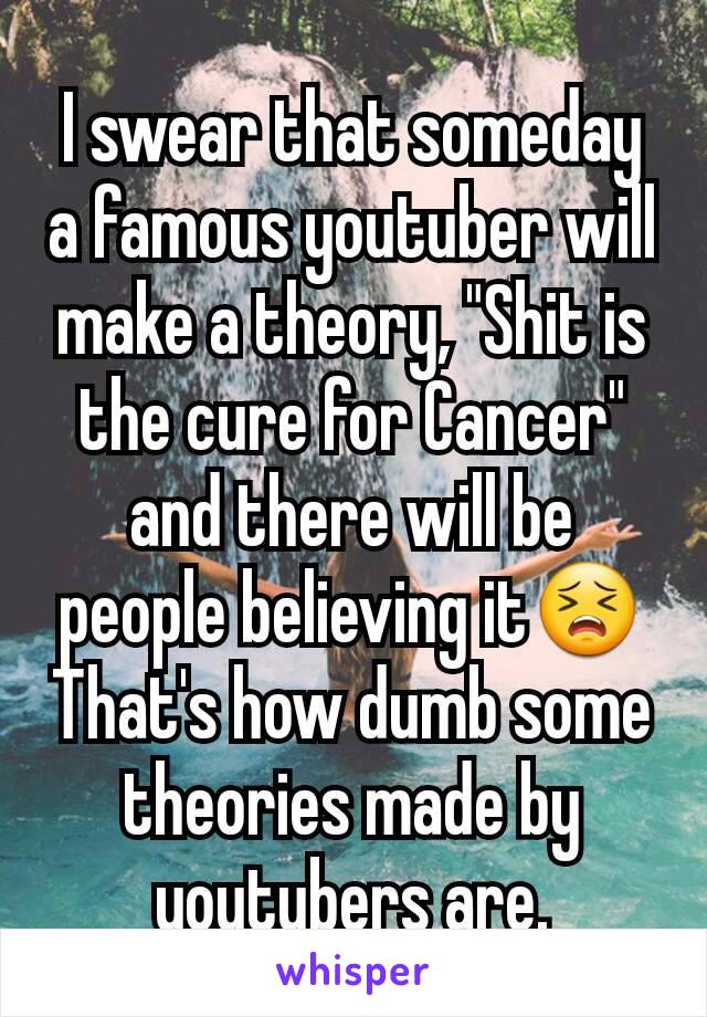 I swear that someday a famous youtuber will make a theory, "Shit is the cure for Cancer" and there will be people believing it😣
That's how dumb some theories made by youtubers are.