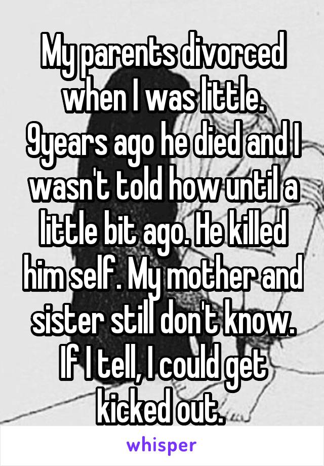 My parents divorced when I was little. 9years ago he died and I wasn't told how until a little bit ago. He killed him self. My mother and sister still don't know. If I tell, I could get kicked out. 