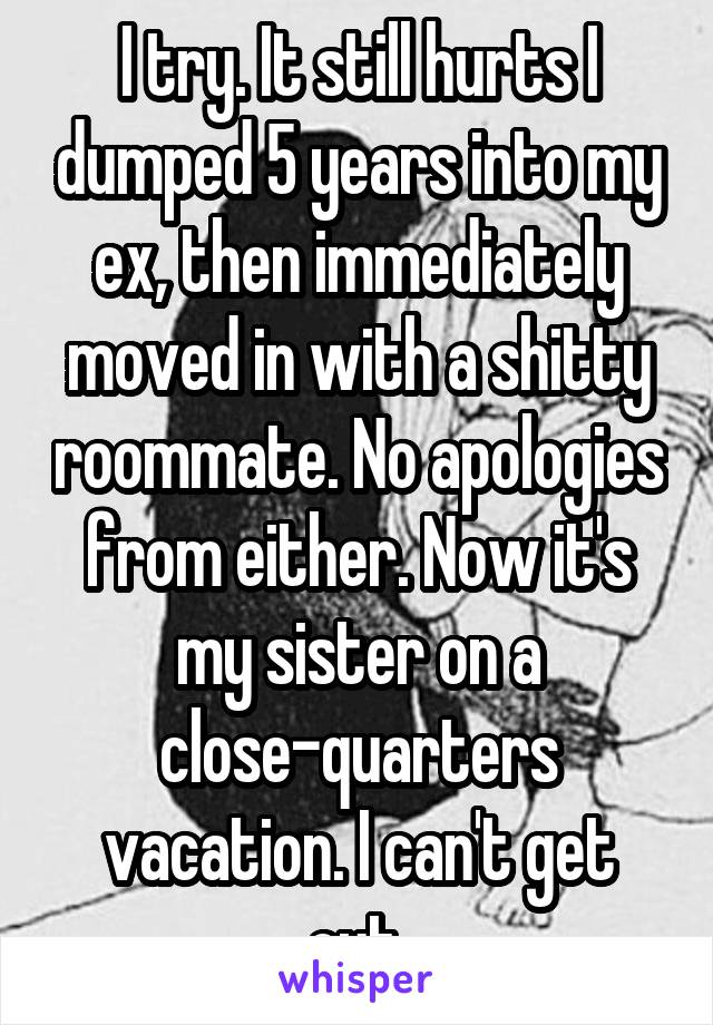 I try. It still hurts I dumped 5 years into my ex, then immediately moved in with a shitty roommate. No apologies from either. Now it's my sister on a close-quarters vacation. I can't get out.