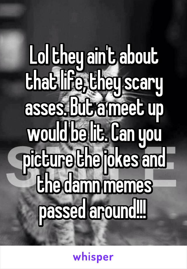 Lol they ain't about that life, they scary asses. But a meet up would be lit. Can you picture the jokes and the damn memes passed around!!! 