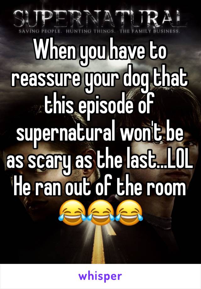 When you have to reassure your dog that this episode of supernatural won't be as scary as the last...LOL
He ran out of the room 😂😂😂