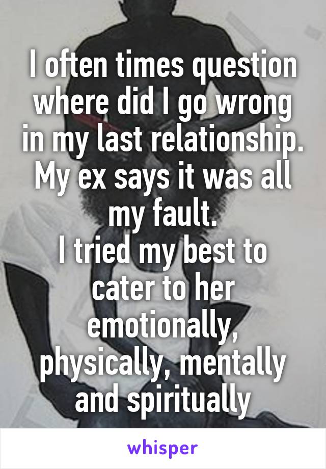 I often times question where did I go wrong in my last relationship. My ex says it was all my fault.
I tried my best to cater to her emotionally, physically, mentally and spiritually