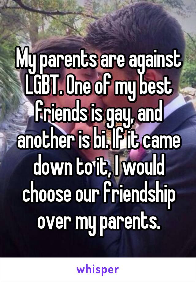 My parents are against LGBT. One of my best friends is gay, and another is bi. If it came down to it, I would choose our friendship over my parents.