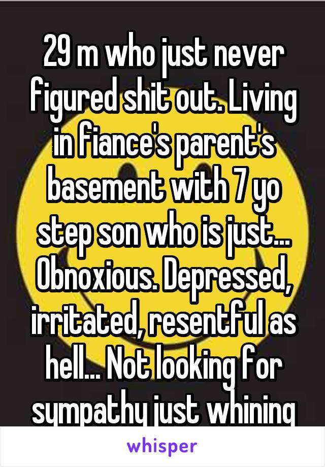 29 m who just never figured shit out. Living in fiance's parent's basement with 7 yo step son who is just... Obnoxious. Depressed, irritated, resentful as hell... Not looking for sympathy just whining