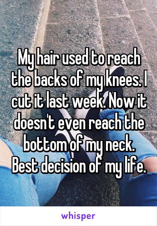 My hair used to reach the backs of my knees. I cut it last week. Now it doesn't even reach the bottom of my neck. Best decision of my life.