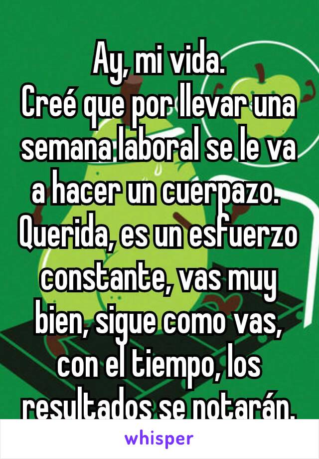 Ay, mi vida.
Creé que por llevar una semana laboral se le va a hacer un cuerpazo. 
Querida, es un esfuerzo constante, vas muy bien, sigue como vas, con el tiempo, los resultados se notarán.