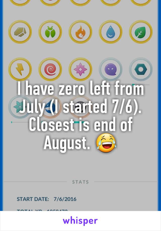 I have zero left from July (I started 7/6). Closest is end of August. 😂