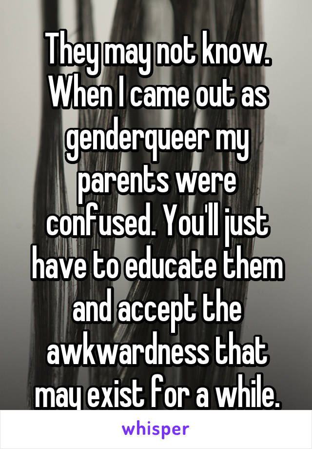 They may not know. When I came out as genderqueer my parents were confused. You'll just have to educate them and accept the awkwardness that may exist for a while.