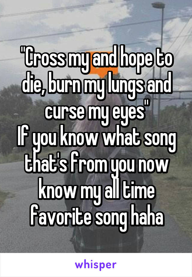 "Cross my and hope to die, burn my lungs and curse my eyes"
If you know what song that's from you now know my all time favorite song haha