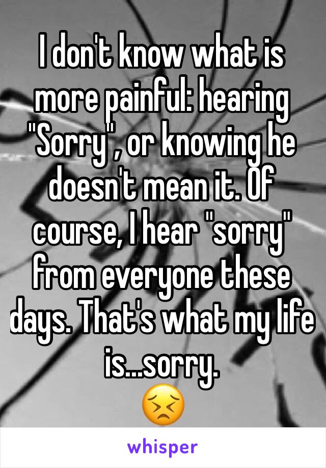 I don't know what is more painful: hearing "Sorry", or knowing he doesn't mean it. Of course, I hear "sorry" from everyone these days. That's what my life is...sorry. 
😣