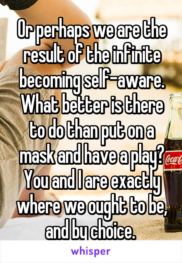 Or perhaps we are the result of the infinite becoming self-aware. What better is there to do than put on a mask and have a play? You and I are exactly where we ought to be, and by choice. 