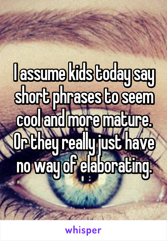 I assume kids today say short phrases to seem cool and more mature. Or they really just have no way of elaborating.